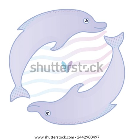 Two cute gradient dolphins are in love, nautical illustration