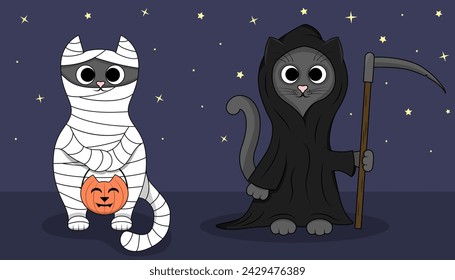 Two cute gray cats wearing Halloween costumes. Set of kawaii kittens dressed as mummy and grim reaper for October holiday. Trick or treat night, flat vector illustration.