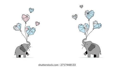 Dos lindos elefantes grises sosteniendo un manojo de globos geométricos en forma de corazón en azul y rosa con sus troncos en un arte limpio.