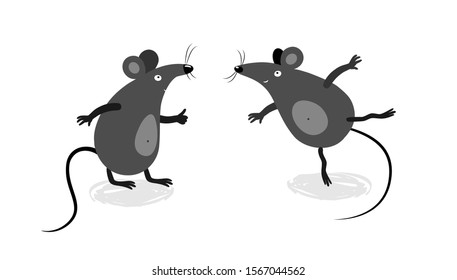 Two cute gray rats on a white isolated background.Vector mice for your design.Symbols of 2020 Chinese New Year.