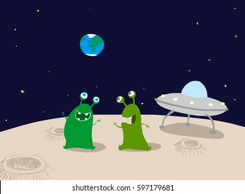 Two cute green aliens on the moon next to craters and a spaceship with the earth visible in the distance.