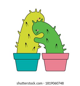 Two cute green cactus with needles hugging on a white background. Flat design for card or t-shirt. Vector illustration