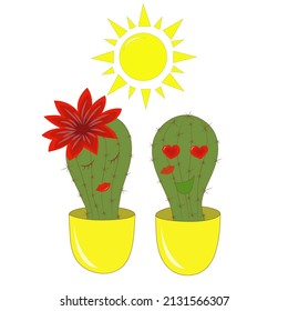 two cute green cactuses couple in love in yellow pots after kiss with red lips mark on the cheek under the yellow sun