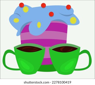 Zwei süße grüne Tassen mit Tee und einem geschmackvoll gestreiften, lustigen Kuchen. Diese Cartoon-Illustration kann als Logotyp für Cafés und Cafeterias verwendet werden. Vektorgrafik einzeln. 