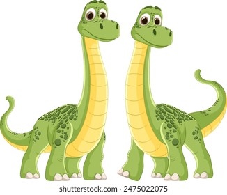 Two cute green dinosaurs standing together