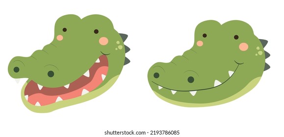 Two cute green vector crocodile heads. Crocodile with its mouth open and a crocodile smiling.