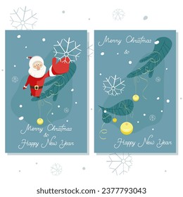 Two cute greeting cards with Christmas and New Year with Santa, Christmas tree branches on them