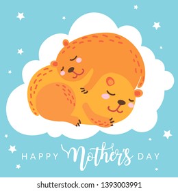 Two cute groundhogs sleeping. Mother's day greeting card or poster with cute groundhog mother and baby in the sky. Vector illustration