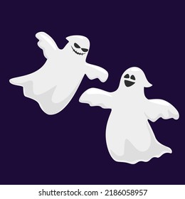 Two cute halloween ghosts isolated on dark background. Creepy funny cutecharacter character . Party celebrate Halloween night holiday. Vector Illustration.