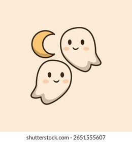 Dois fantasmas bonitos de Halloween sob a lua. Adequado para banner, adesivo, evento, e outro.