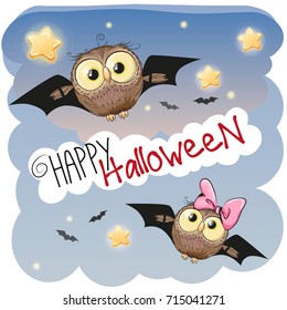 Two Cute Halloween Owls with bat wings