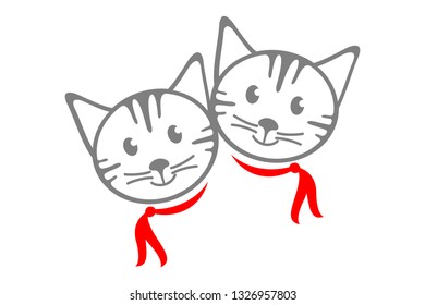 Two cute hand drawn cats with red scarves. Cat’s faces