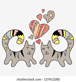 Two cute hand drawn cats in love