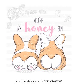 Two cute hand drawn dogs lie next to each other. Welsh Corgi Pembroke. Valentines day greeting card with floral background. Vector illustration.