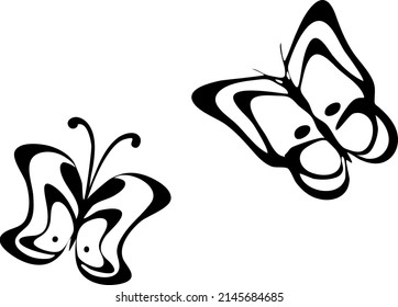 Two cute hand drawn doodle flying butteerlies with spreading wings