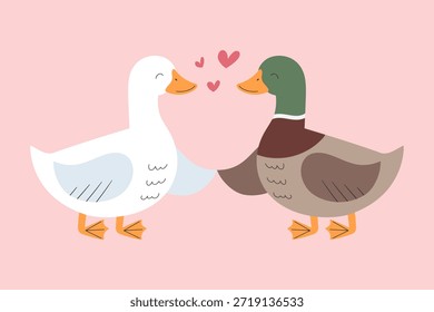 Dois patos desenhados à mão bonitos segurando asas um ao outro. Pato de desenho animado e drake no amor. Ilustração vetorial