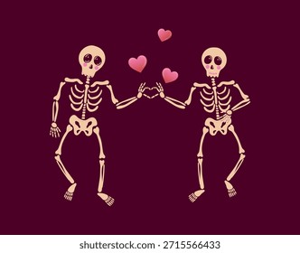 Dois esqueletos desenhados à mão bonitos formando um coração com as mãos, expressando amor ou amizade, colocados em fundo escuro. Ilustração vetorial lúdica para Valentine, Halloween ou Day of the Dead.