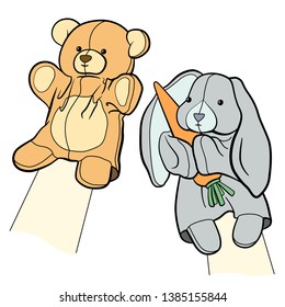 Two cute hand puppets: teddy and bunny. Puppets with few moving parts. Illustration with stroke and fill.