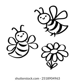 Zwei süße glückliche Bienen mit einer Blume. Monochrome Karikatur, Doodles. Ein Charakter, ein Insekt. Eine flache Vektorgrafik einzeln auf weißem Hintergrund.