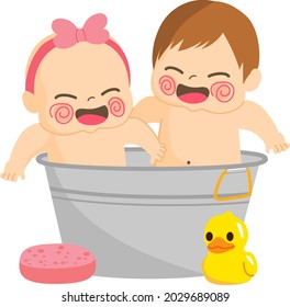 Two cute happy funny baby siblings bathing on metal tin bath bucket with sponge and rubber duck