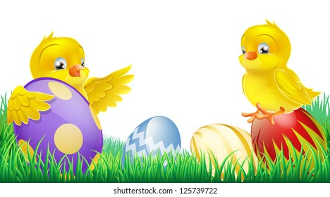 Two cute happy little yellow Easter chicks with colorful decorated Easter eggs