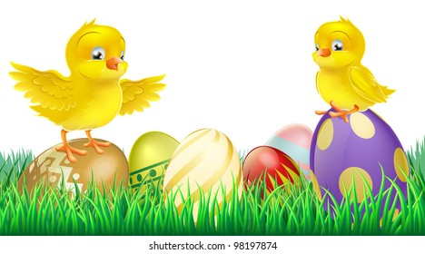 Two cute happy little yellow Easter chicks on top of colorful decorated Easter eggs