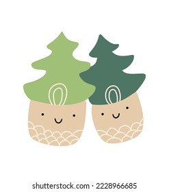 Two cute happy lover Christmas trees couple. Line hand drawn Merry xmas and Happy New Year colour isolated illustration for the celebration of winter holidays.