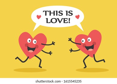 two cute happy red hearts run towards each other
