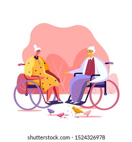 Two cute happy senior ladies feeding birds and talking to each other. Disabled old grandmothers sitting in the wheelchair spending time on fresh air. Handicaped bright women enjoying life. Flat vector