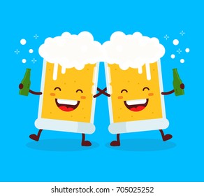 Two cute happy smiling dancing fun friend drunk beer glasses. Vector modern flat style cartoon character illustration. Isolated on white background.Alcohol beer, party concept