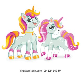 Two cute happy smiling unicorn friends with bright mains and tails. Vector illustration in cartoon style for print, decor, kids clothes, souvenirs, stickers. Isolated character on white background