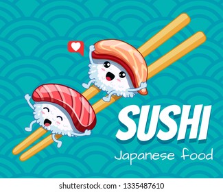 Two cute happy sushi on Chinese sticks. Vector illustration. Japanese food poster design. Can use for cards, fridge magnets, stickers, posters, menu for bar and restaurant.