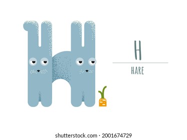 two cute hares and a carrot. Hares in the shape of the letter H.
children's alphabet. poster, postcard.