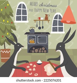 Two cute hares cooking in the kitchen. Rabbits are making cookies. Christmas scene. Vector hand drawn illustration.