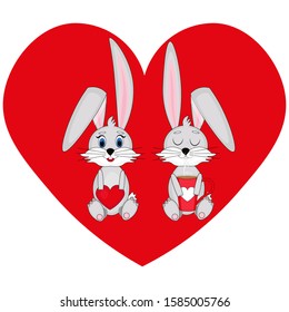 
Two cute hares with a cup and a Valentine on a red heart isolated background. Stock vector illustration for decoration and design, greeting cards, posters, fabrics, for Valentines day, web pages