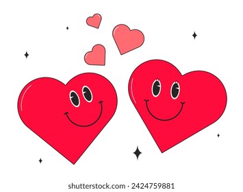 Two cute hearts in groovy style. 70s. Retro style postcard. Valentine's Day, congratulations, declaration of love. Sticker, poster, scrapbooking, t-shirt design.