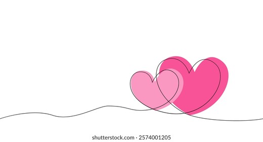 Two cute hearts, hand drawn, pink on white background, . Cute simple and love banners or greeting card templates and social media posts, vector