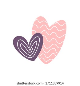 Dos corazones lindos aislados de fondo blanco. Ilustración vectorial del Día de San Valentín. Elementos planos de diseño para tarjetas de felicitación.