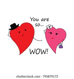 Two cute hearts in love. Happy Valentine's day vector card.