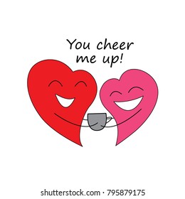 Two cute hearts in love. Happy Valentine's day vector card.