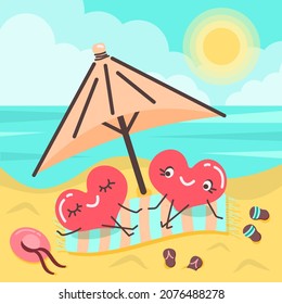 Two cute hearts in love are relaxing on the beach under the umbrella. Romantic time. Couple in love. Vector illustrations in cartoon style for cards, postcards, travel design, congratulations