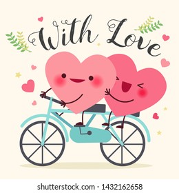 two cute hearts ride bike with love on yellow background