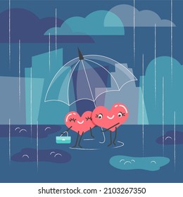 Two cute hearts standing under an umbrella in rainy weather. A happy couple in love. Street, buildings, puddles. Design for postcards, Valentine's day cards. Vector illustration in cartoon style
