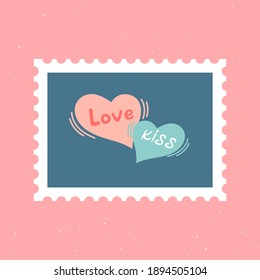Dos corazones bonitos juntos. Corazón Rojo con la palabra - Amor, y Corazón Azul con la palabra - Beso. С y romántico sello de vectores. El concepto de amor y San Valentín. Diseños para tarjetas de felicitación, impresión, web