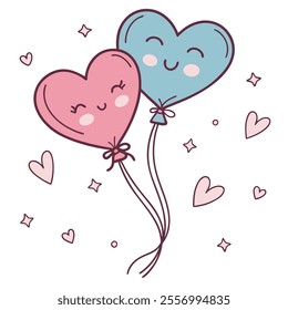 Two cute heart-shaped balloons with smiling faces and surrounding hearts.