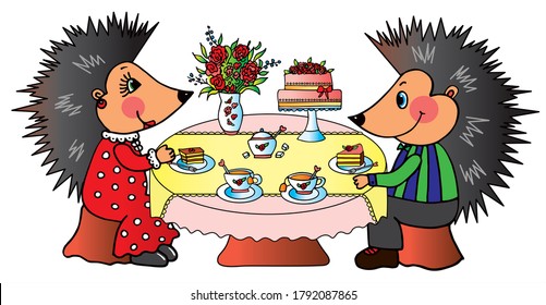 Two cute hedgehogs, boy and girl eating a cake and drinking tea.Colored vector for card or gift.