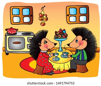 Two cute hedgehogs are eating cookies in their kitchen. Colored vector for card or gift.