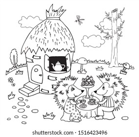 Two cute hedgehogs are having a tea in the grass outside their house. Black and white vector for coloring, for card or gift.