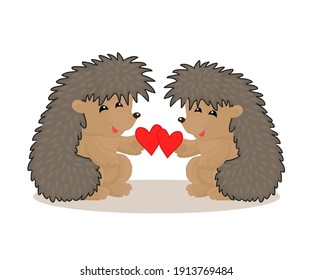 Two cute hedgehogs and hearts. Cartoon. Vector illustration.