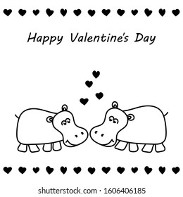 Two cute hippos in love. Valentine's day greeting card. Happy Valentine's day text. Hand drawn vector illustration.